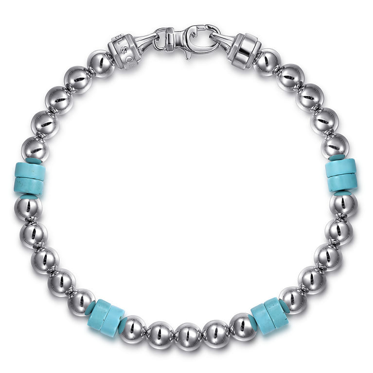 925 Sterling Silver 6mm ball and Turquoise Cylinder Beaded Bracelet - Shot 1