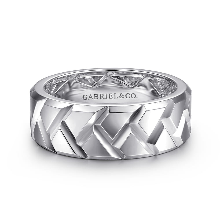 925 Sterling Silver 8mm Herringbone Mens Ring in High Polish - Shot 1