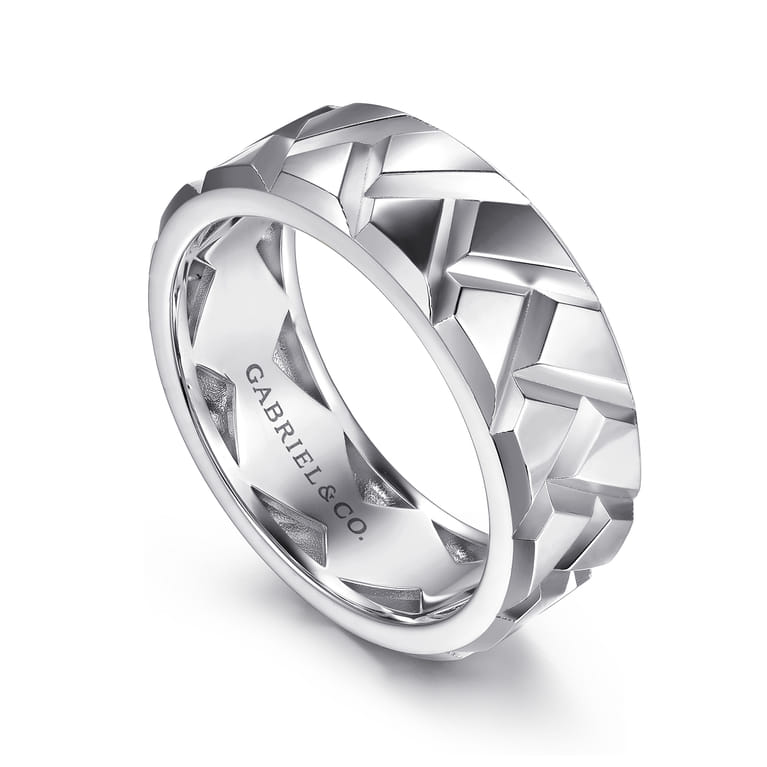 925 Sterling Silver 8mm Herringbone Mens Ring in High Polish - Shot 3