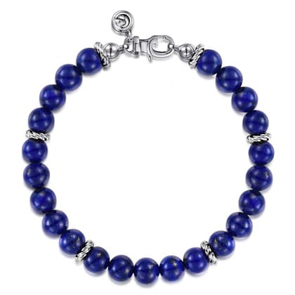 925 Sterling Silver 8mm Lapis Beaded Bracelet