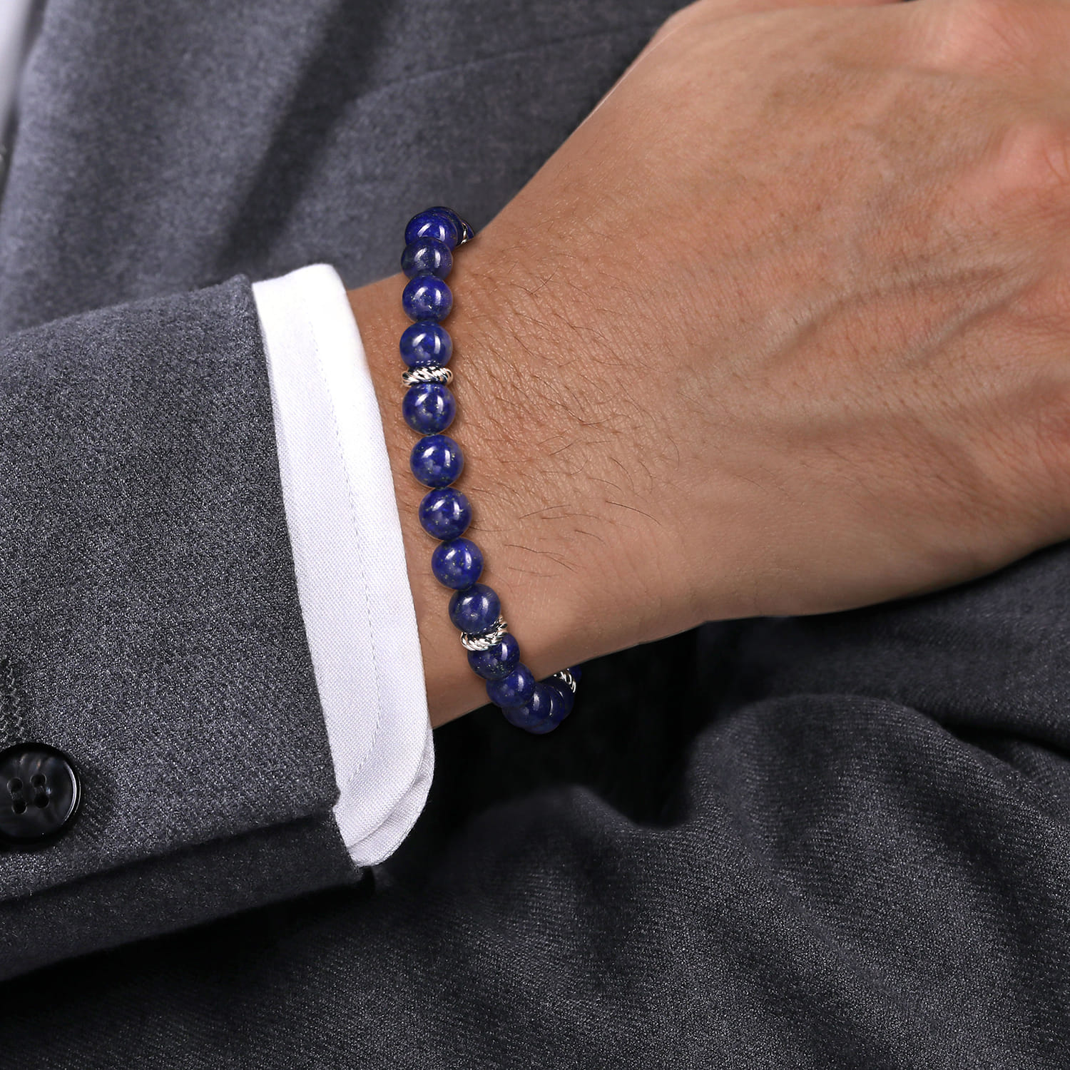 925 Sterling Silver 8mm Lapis Beaded Bracelet - Shot 3
