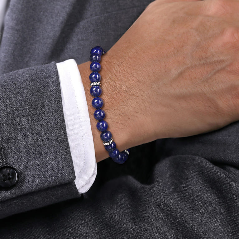 925 Sterling Silver 8mm Lapis Beaded Bracelet - Shot 3