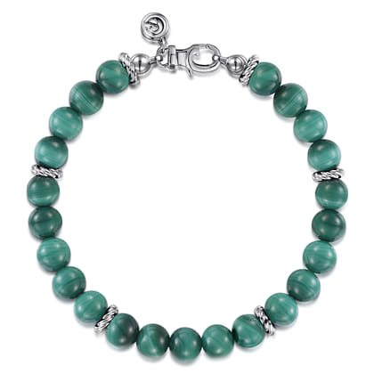 925 Sterling Silver 8mm Malachite Beaded Bracelet