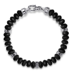 925 Sterling Silver 8mm Matte Faceted Flat Round Onyx Beaded Bracelet