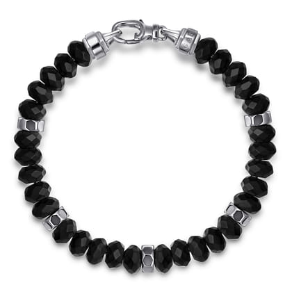 925 Sterling Silver 8mm Matte Faceted Flat Round Onyx Beaded Bracelet