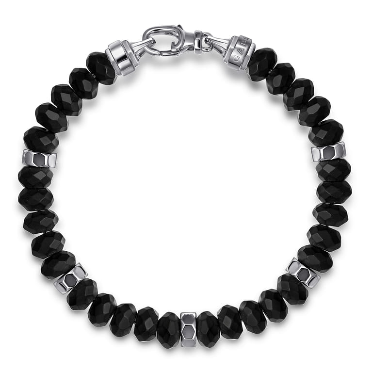 925 Sterling Silver 8mm Matte Faceted Flat Round Onyx Beaded Bracelet - Shot 1