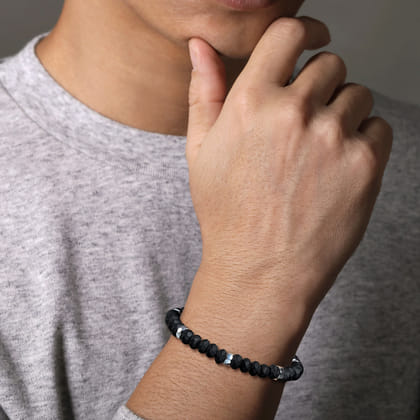 925 Sterling Silver 8mm Matte Faceted Flat Round Onyx Beaded Bracelet