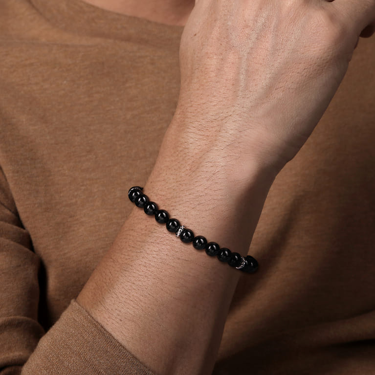 925 Sterling Silver 8mm Onyx Beaded Bracelet - Shot 3