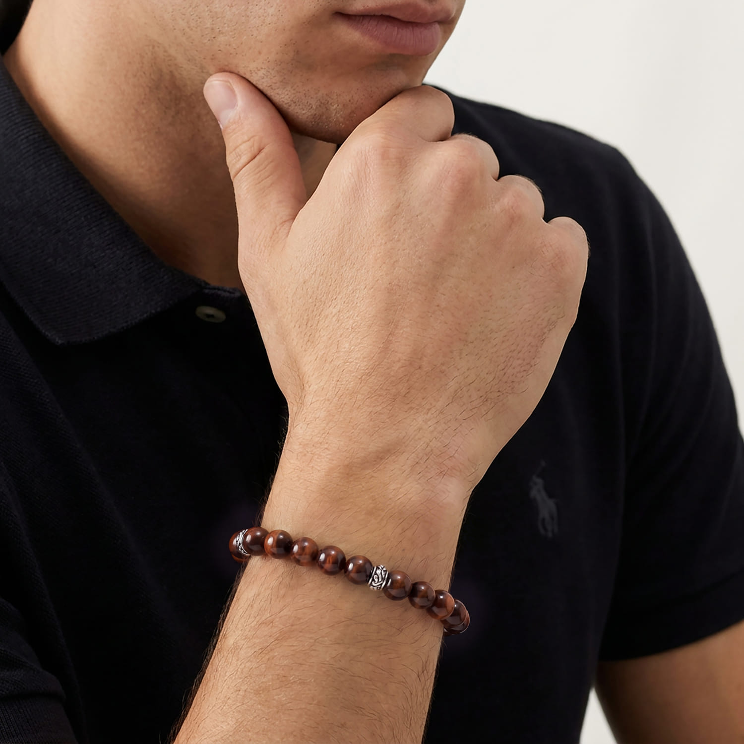 925 Sterling Silver 8mm Tiger Eye Beaded Bracelet - Shot 3