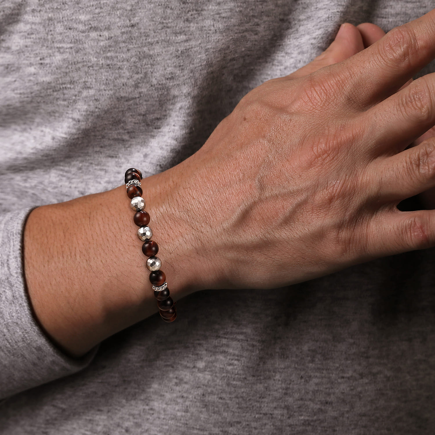 925 Sterling Silver 8mm Tiger Eye  Faceted Bead Bracelet - Shot 3