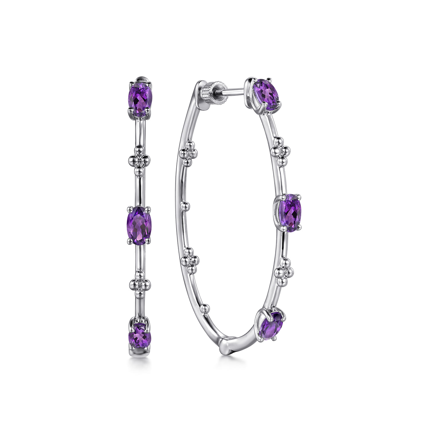 925 Sterling Silver Amethyst Bujukan Classic 40mm Hoop Earrings - Shot 1