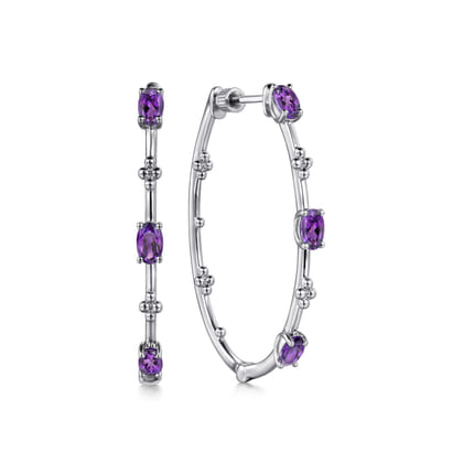 925 Sterling Silver Amethyst Bujukan Classic 40mm Hoop Earrings