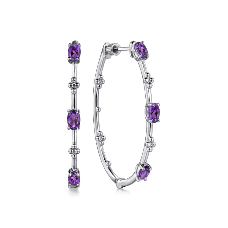 925 Sterling Silver Amethyst Bujukan Classic 40mm Hoop Earrings - Shot 1