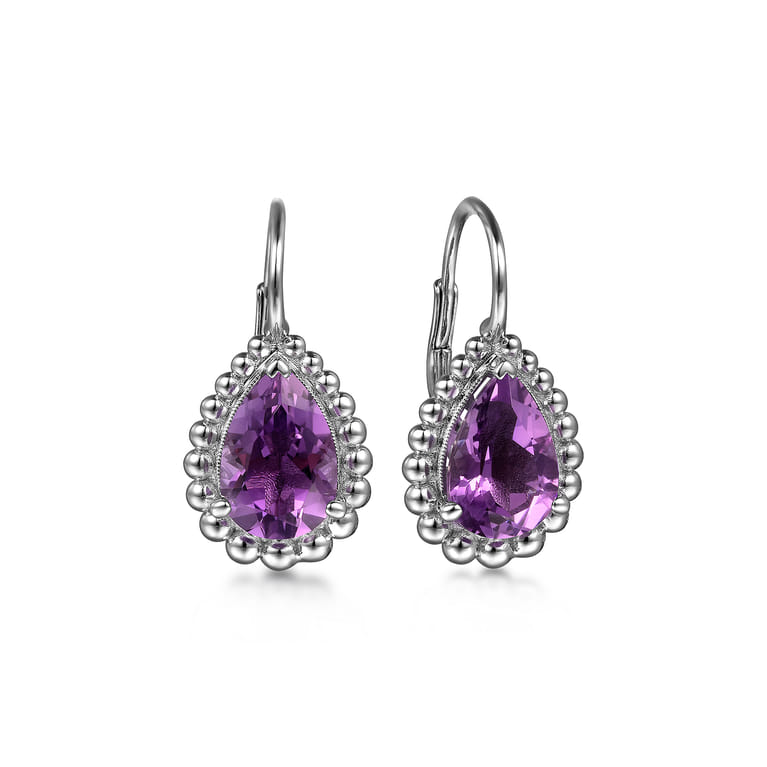 925 Sterling Silver Amethyst Bujukan Pear Shape Leverback Earrings With Pattern - Shot 1
