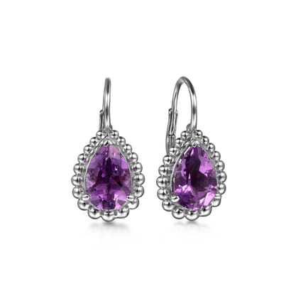 925 Sterling Silver Amethyst Bujukan Pear Shape Leverback Earrings with Pattern