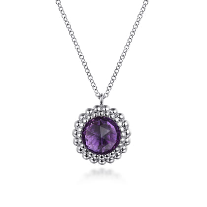 925 Sterling Silver Amethyst Bujukan Round Shape Necklace with Pattern