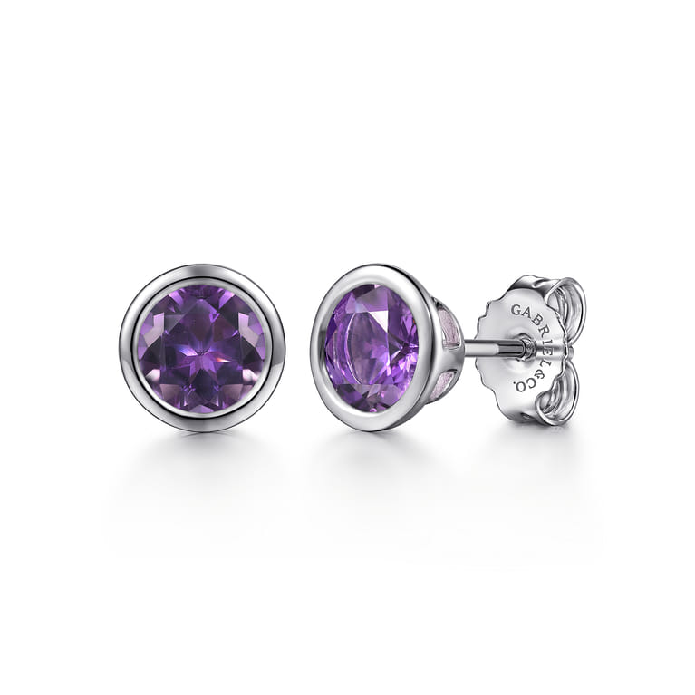 925 Sterling Silver Amethyst Stud Earrings - Shot 1
