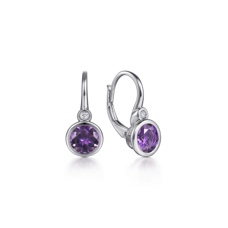 925 Sterling Silver Amethyst and Diamond Leverback Earrings - 0.04 ct - Shot 1