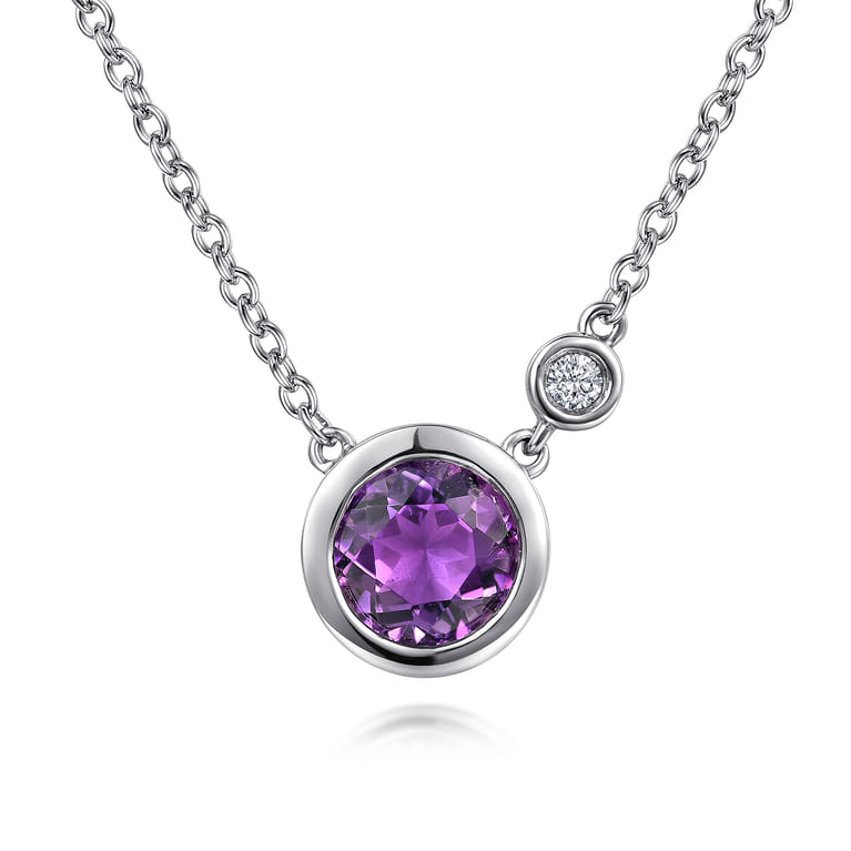 925 Sterling Silver Amethyst and Diamond Pendant Necklace - 0.02 ct - Shot 1