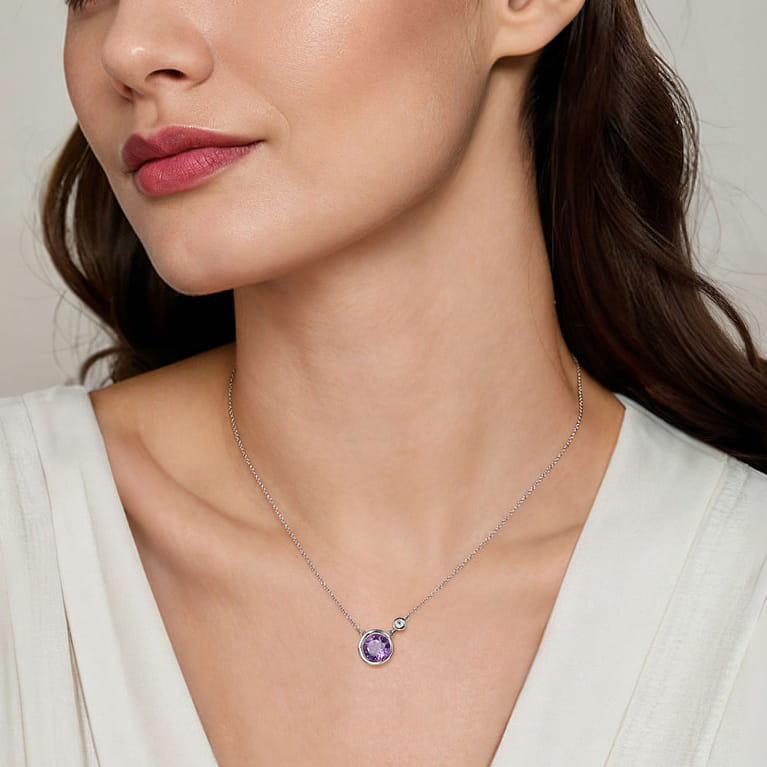 925 Sterling Silver Amethyst and Diamond Pendant Necklace - 0.02 ct - Shot 3