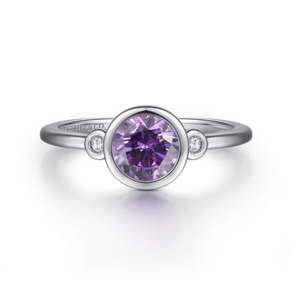 925 Sterling Silver Amethyst and Diamond Ring