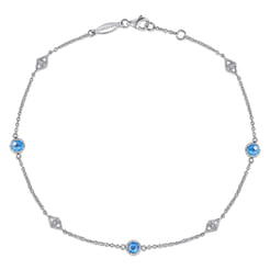 925 Sterling Silver Ankle Bracelet with Blue Topaz and White Sapphire Stations