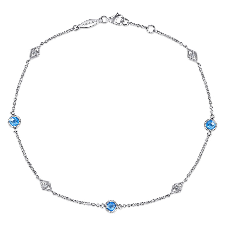 925 Sterling Silver Ankle Bracelet with Blue Topaz and White Sapphire Stations - Shot 1
