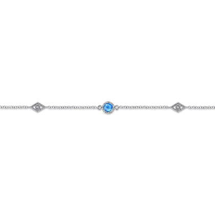 925 Sterling Silver Ankle Bracelet with Blue Topaz and White Sapphire Stations
