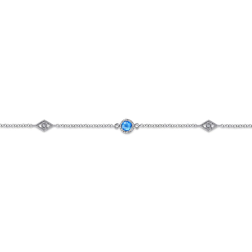 925 Sterling Silver Ankle Bracelet with Blue Topaz and White Sapphire Stations - Shot 2