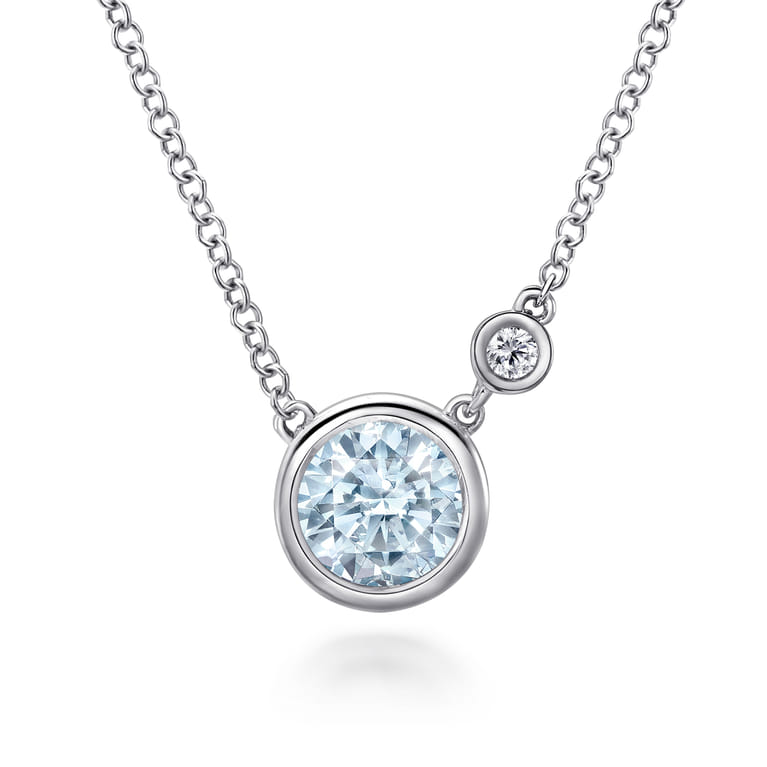 925 Sterling Silver Aquamarine and Diamond Pendant Necklace - 0.02 ct - Shot 1