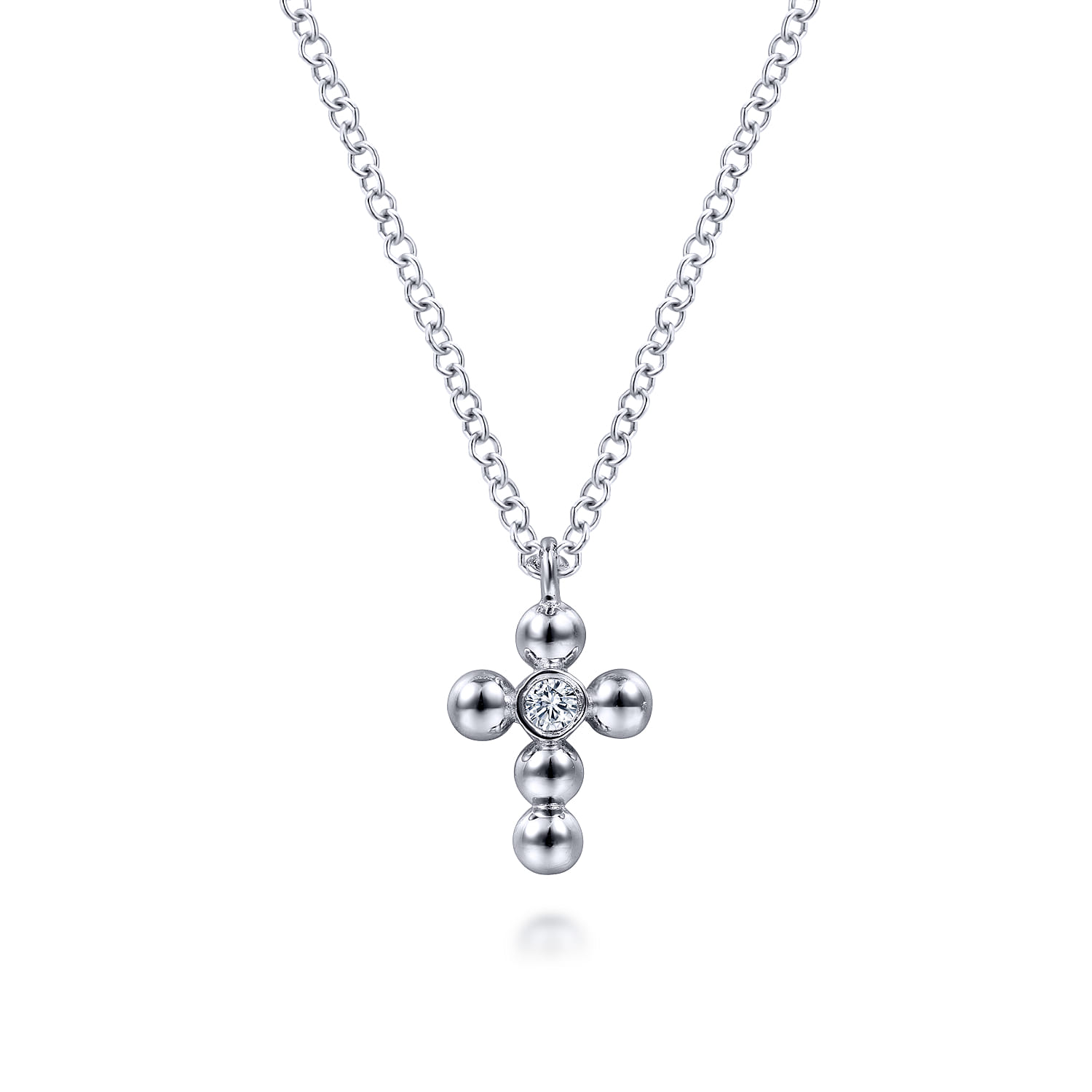 925 Sterling Silver Beaded Diamond Cross Necklace-Bujukan - 0.02 ct - Shot 1