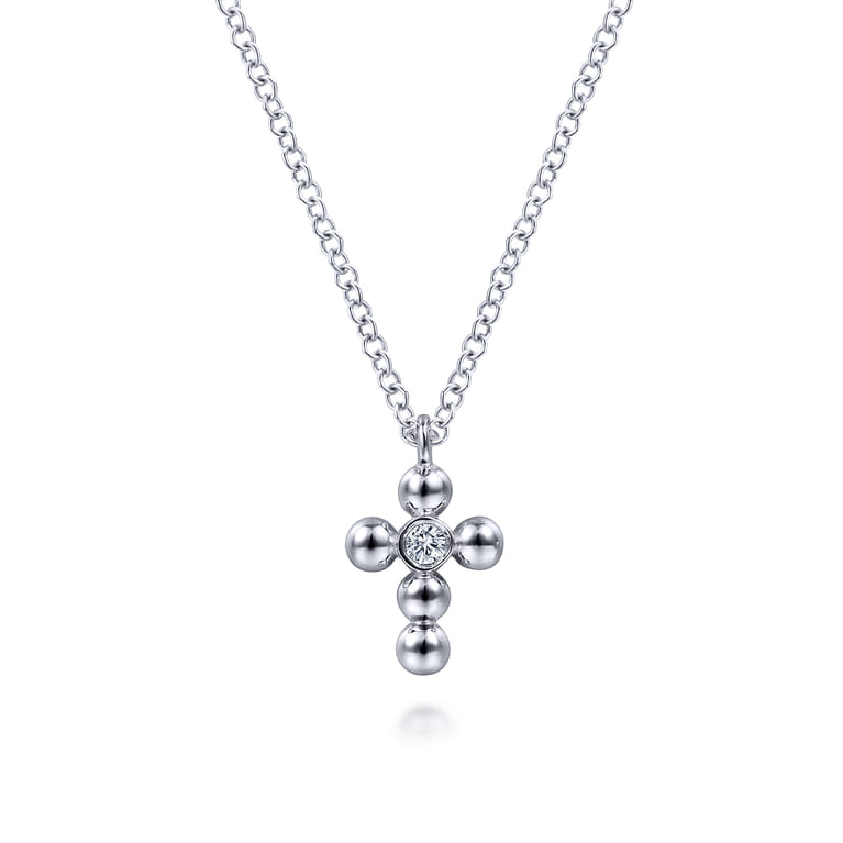 925 Sterling Silver Beaded Diamond Cross Necklace-Bujukan - 0.02 ct - Shot 1