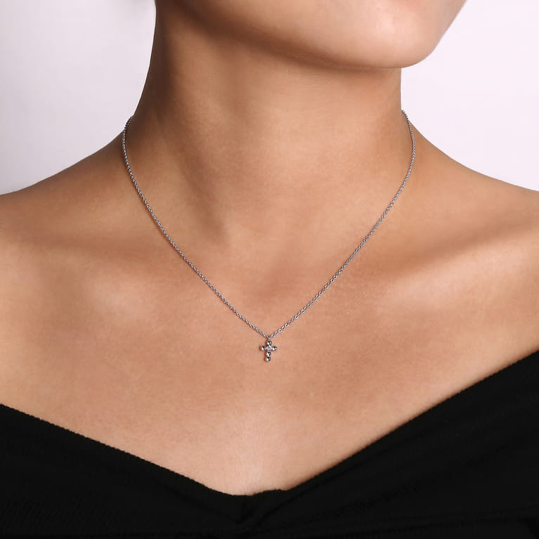 925 Sterling Silver Beaded Diamond Cross Necklace-Bujukan - 0.02 ct - Shot 3