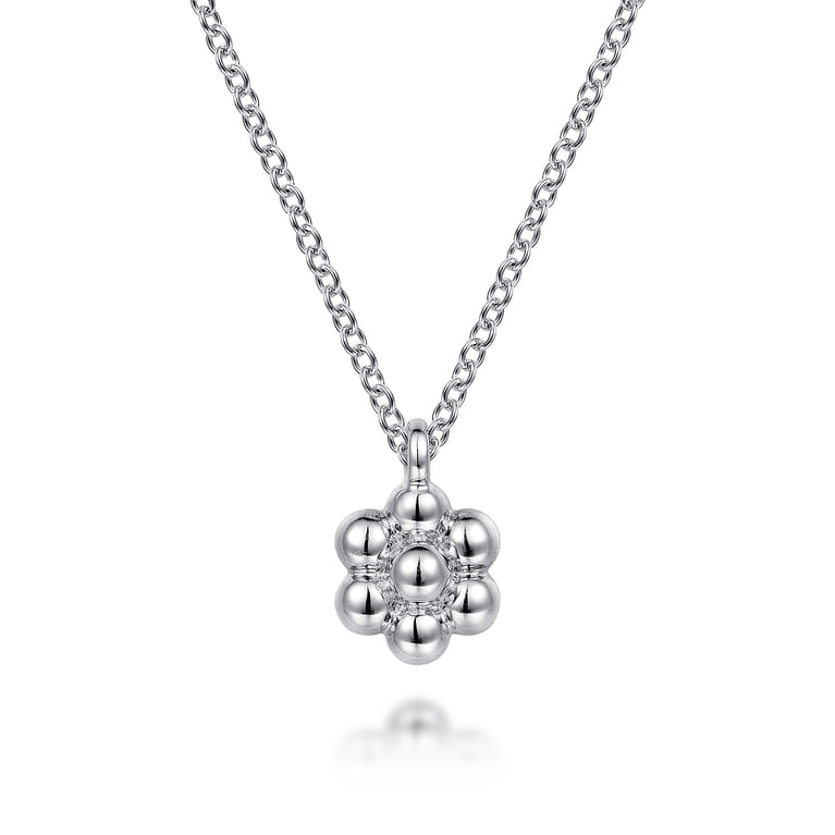 925 Sterling Silver Beaded Flower Pendant Necklace - Shot 1