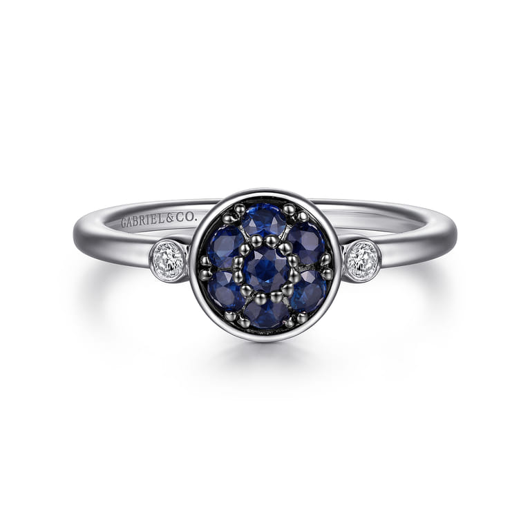 925 Sterling Silver Bezel Set Diamond and Blue Sapphire Cluster Ring - 0.05 ct - Shot 1