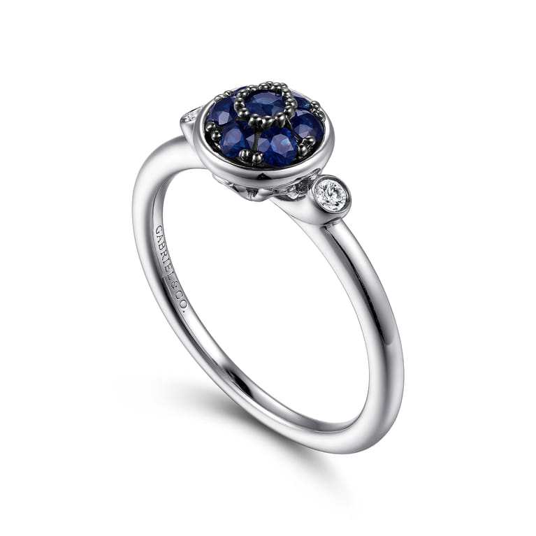925 Sterling Silver Bezel Set Diamond and Blue Sapphire Cluster Ring - 0.05 ct - Shot 3