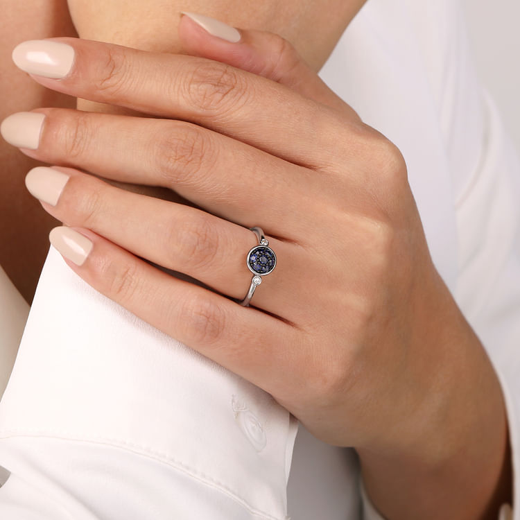 925 Sterling Silver Bezel Set Diamond and Blue Sapphire Cluster Ring