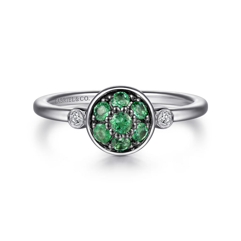 925 Sterling Silver Bezel Set Diamond and Emerald Cluster Ring - 0.05 ct - Shot 1