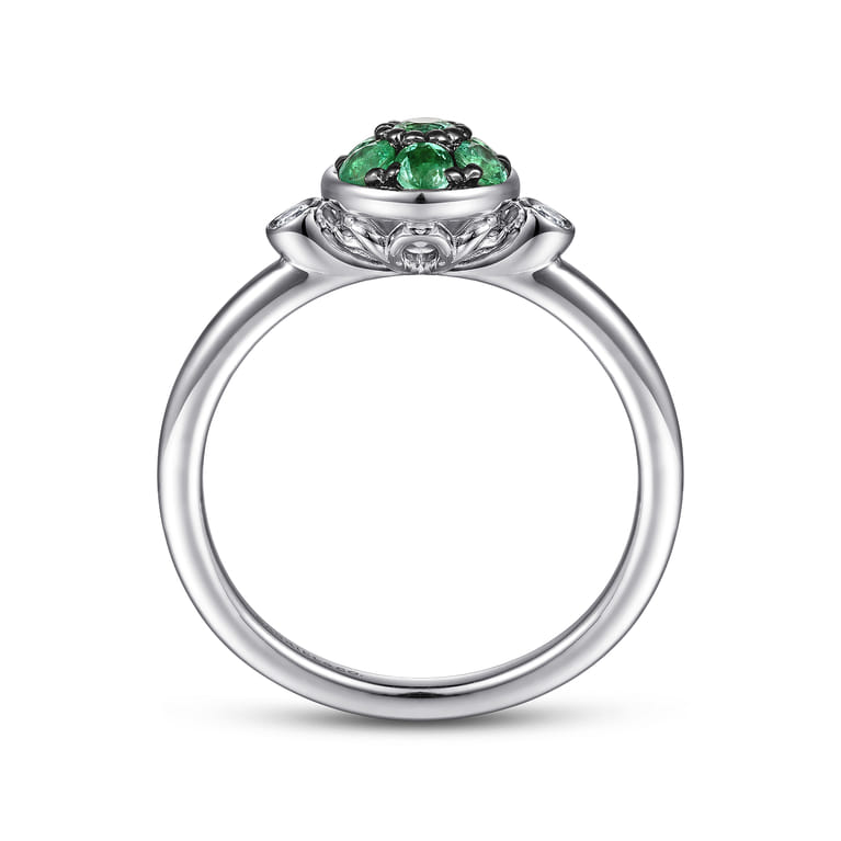 925 Sterling Silver Bezel Set Diamond and Emerald Cluster Ring - 0.05 ct - Shot 2