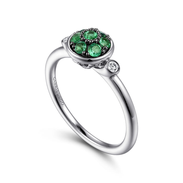925 Sterling Silver Bezel Set Diamond and Emerald Cluster Ring - 0.05 ct - Shot 3