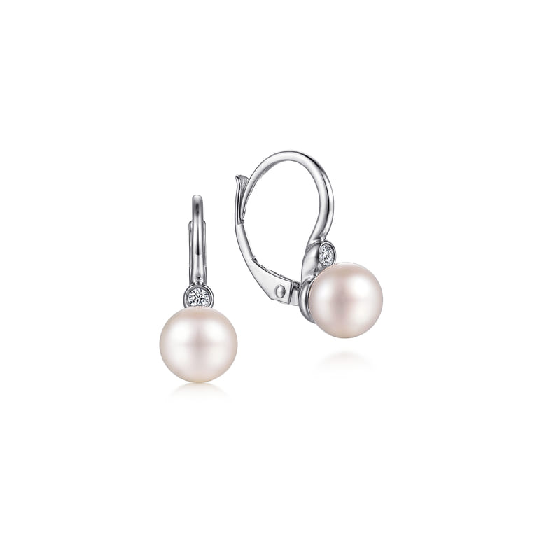 925 Sterling Silver Bezel Set Diamond and Pearl Leverback Earrings - 0.04 ct - Shot 1