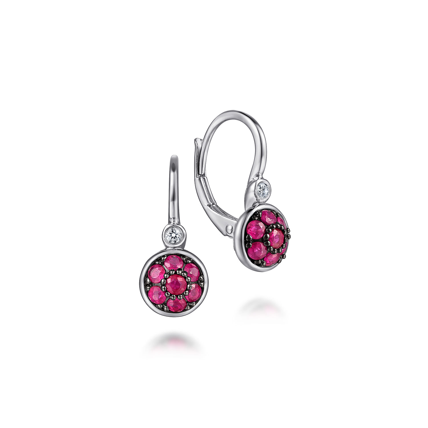 925 Sterling Silver Bezel Set Diamond and Round Ruby Cluster Leverback Earrings - 0.04 ct - Shot 1