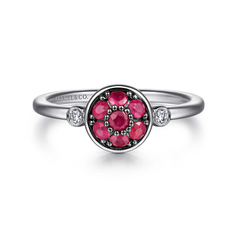 925 Sterling Silver Bezel Set Diamond and Ruby Cluster Ring - 0.05 ct - Shot 1