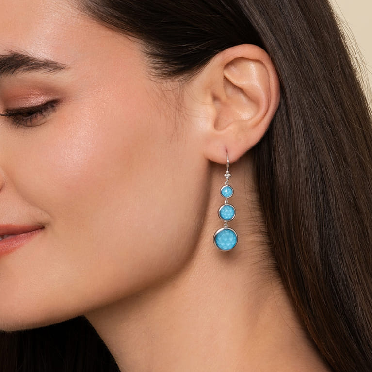 925 Sterling Silver Bezel Set Rock Crystal and Turquoise Graduating Drop Earrings - Shot 2