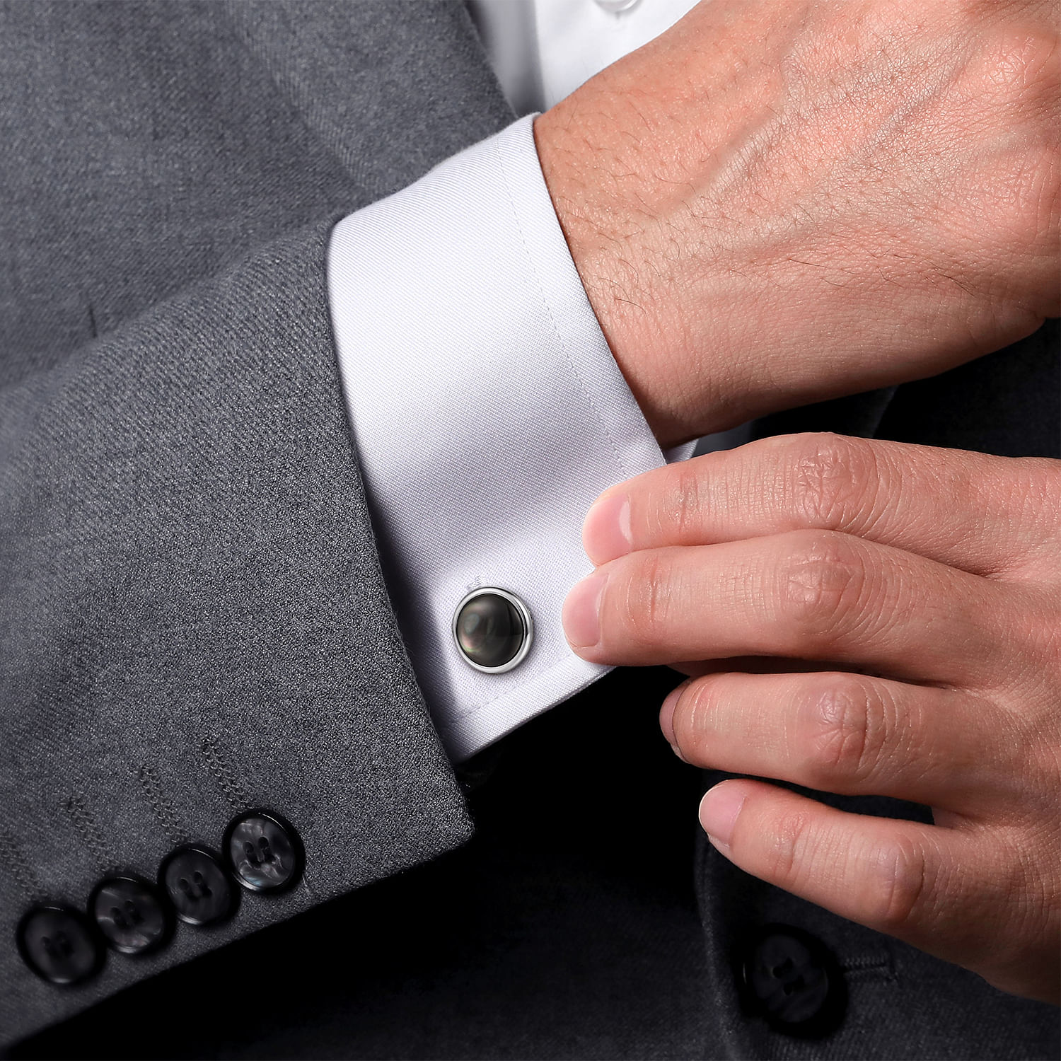 925 Sterling Silver Black Mother of Pearl Round Cufflinks - Shot 2