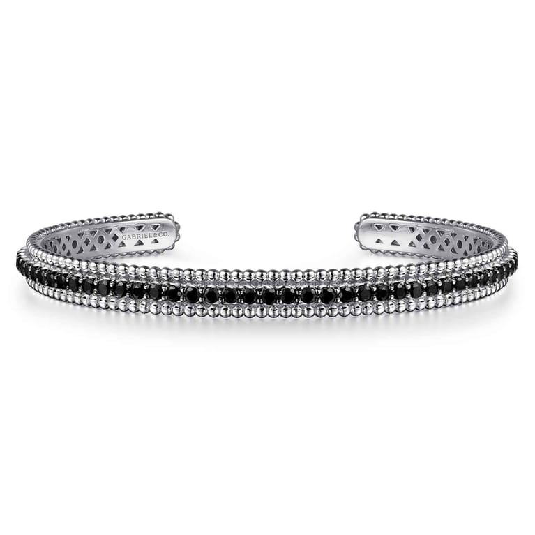 925 Sterling Silver Black Spinel Bujukan Bead Cuff Bracelet - Shot 1