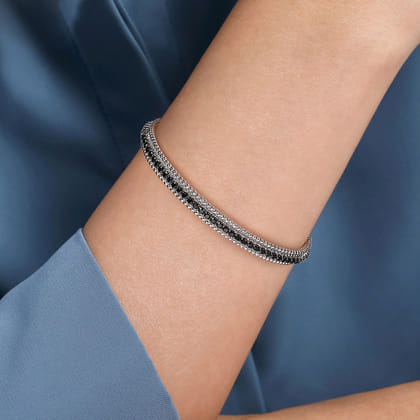 925 Sterling Silver Black Spinel Bujukan Bead Cuff Bracelet