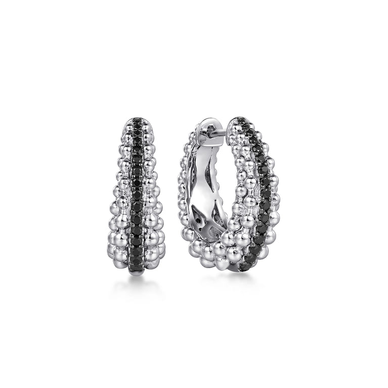 925 Sterling Silver Black Spinel Bujukan Classic Hoop Earrings - Shot 1