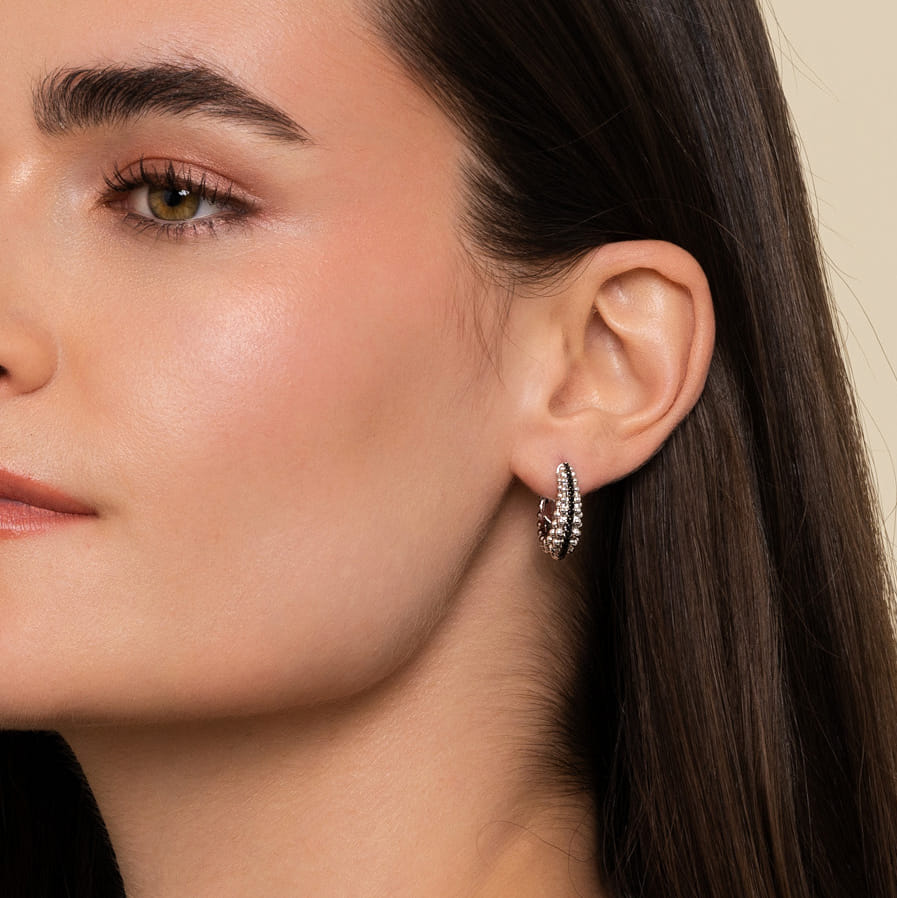 925 Sterling Silver Black Spinel Bujukan Classic Hoop Earrings