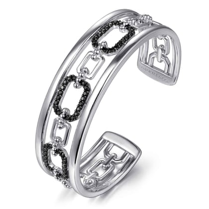 925 Sterling Silver Black Spinel Bujukan Link Chain Cuff Bracelet